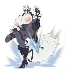 anthro anthro_focus anthro_only big_nipples canid canine canis clothed clothing erection erection_under_clothes full_body fur gloves huge_cock huge_cock huge_pecs leg_up lunionjpeg male male_focus male_only mammal muscular muscular_anthro muscular_male nipples pecs_out tail von_lycaon white_body white_fur wolf zenless_zone_zero