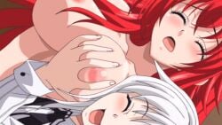 10s 2girls animated animated_gif blue_eyes blush breasts demon_girl female gif high_school_dxd koneko_toujou large_breasts long_hair multiple_girls nipple_stimulation nipple_tweak nipples open_mouth red_hair rias_gremory screencap smile stitched tnk_(company) white_hair yuri