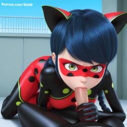 ai_generated animal_ears black_body blowjob blue_hair deik0 fellatio fellatio_gesture green_eyes ladybug looking_at_viewer marinette_dupain-cheng medium_hair miraculous_ladybug outdoors pov rooftop superhero_costume superheroine twintails