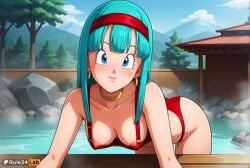 1girls ai_generated aqua_hair artist_name bent_over bikini blue_eyes blue_hair blush bra_(dragon_ball) bra_briefs breasts closed_mouth cloud collarbone day dragon_ball dragon_ball_gt earrings female hairband hanging_breasts hi_res hoop_earrings jewelry leaning_forward long_hair looking_at_viewer medium_breasts neck_ring nipples onsen outdoors patreon_logo patreon_username red_bikini red_hairband rule34lab sky smile solo steam swimsuit tree water web_address