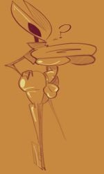 2024 anthro arthropod ass big_breasts big_butt black_eyes breasts bulge clothing crop_top digital_drawing_(artwork) digital_media_(artwork) footwear ftg_crossgender fti_crossgender futanari glistening glistening_body glistening_breasts glistening_bulge glistening_butt glistening_clothing glistening_legs glistening_thighs glistening_thong glistening_underwear gynomorph gynomorph_anthro hand_on_hip hand_on_own_hip hi_res high_heels holding_object holding_weapon hollow_knight hornet_(hollow_knight) huge_breasts intersex intersex_anthro lottieplus nail_(weapon) navel orange_background question_mark rule_63 shirt shoes simple_background solo standing team_cherry thong topwear under_boob underwear weapon