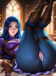ai_generated bleak_banksy breasts caitlyn_kiramman clothing laying_on_bed league_of_legends legs_together nipples_visible_through_clothing pussy solo