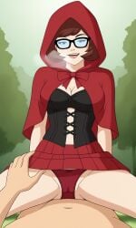ai_generated ass bigmic145 breasts capelet cartoon_network cleavage corset cosplay cowgirl_position female hood implied_sex panties red_hair red_riding_hood red_riding_hood_(cosplay) scooby-doo scooby-doo!_mystery_incorporated sexually_suggestive skirt tease teasing velma_dinkley velma_dinkley_(mystery_incorporated)