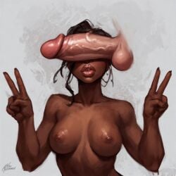 ai_generated breasts dark-skinned_female dark_skin earrings light-skinned_male light_skin peace_sign