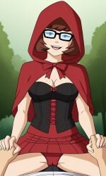 ai_generated ass bigmic145 breasts capelet cartoon_network cleavage corset cosplay cowgirl_position female hood implied_sex panties red_hair red_riding_hood red_riding_hood_(cosplay) scooby-doo scooby-doo!_mystery_incorporated sexually_suggestive skirt tease teasing velma_dinkley velma_dinkley_(mystery_incorporated)