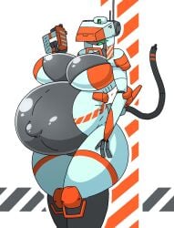 1girls 3_fingers antenna_wire anthro big_belly blush blush_lines body_markings breasts breasts_on_belly camera female green_blush green_mouth grey_body hage hand_on_thigh handles hazard_stripes helmet holding_object holding_pistol holding_weapon huge_breasts kneepads living_machine navel one_arm_up orange_highlights popped_navel pregnant pregnant_anthro pregnant_belly pregnant_female shiny_skin shoulder_armor simple_coloring solo standing striped_body stylized_background tail thick_calves thick_thighs thin_arms two_tone_body white_body wire_tail