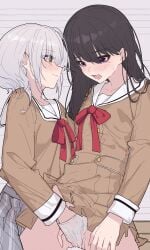 2girls bang_dream! bang_dream!_it's_mygo!!!!! black_hair blush brown_dress chinese_commentary commentary_request dress female fingering grey_skirt hand_in_another's_panties highres kaname_raana long_hair long_sleeves medium_hair mole mole_under_eye multiple_girls neck_ribbon open_mouth panties pleated_skirt purple_eyes pussy_juice red_ribbon ribbon sailor_collar sailor_dress saliva school_uniform serafuku shiina_taki shirt skirt underwear white_hair white_panties white_sailor_collar yun_cao_bing yuri