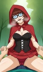 ai_generated ass bigmic145 breasts capelet cartoon_network cleavage corset cosplay cowgirl_position female hood implied_sex panties red_hair red_riding_hood red_riding_hood_(cosplay) scooby-doo scooby-doo!_mystery_incorporated sexually_suggestive skirt tease teasing velma_dinkley velma_dinkley_(mystery_incorporated)