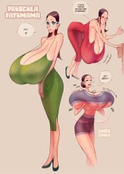 between_breasts bike_shorts breast_lift brown_hair cleavage closed_eyes exhausted female female_only gigantic_breasts glasses green_dress hair_bun hanging_breasts heavy_breasts hexcomics inconvenient_breasts long_hair original running semi-rimless_eyewear simple_background smile standing top_heavy top_heavy_breasts underboob updo