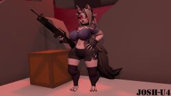 3d angry assault_rifle big_ass big_breasts black_nipples clothed female female_only gloves grenade_launcher helluva_boss holding_weapon josh-u4 looking_at_viewer loona_(helluva_boss) m16a1 m203 red_eyes shirt shorts source_filmmaker thick_thighs weapon white_fur