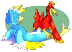 anthro avian banjo-kazooie beak bird blush cloacal cloacal_penetration duo female feral genitals kazooie looking_back male male/female o-ishi on_bottom on_top penetration penis rareware reverse_cowgirl_position sex simple_background taylor_vee winged_arms wings zoophilia