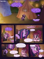 2019 alicorn anus blush bowl clothed clothing costume dialogue duo english_text equid equine female feral friendship_is_magic halloween hi_res holidays horn horse magic mammal my_little_pony night open_mouth outside page_4 pinkie_pie_(mlp) pony pussy syoee_b tent text twilight_sparkle_(mlp) wings