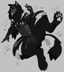 2023 4_toes 5_fingers acorn anthro balls black_body black_fur black_glans black_hair black_nose black_tail bodily_fluids canid canine canis digital_drawing_(artwork) digital_media_(artwork) dripping feet fingers food fruit full-length_portrait fur genital_fluids genitals gesture glans grey_background grey_balls grey_body grey_fur grey_penis grey_tongue greyscale hair hand_gesture hi_res hindpaw humanoid_genitalia humanoid_hands humanoid_penis leaf male male_anthro mammal markings monochrome multicolored_body multicolored_fur navel nude_anthro nude_male nut_(fruit) open_mouth open_smile paws penis plant portrait precum precum_drip raised_leg saliva simple_background smile solo tail toes tongue v_sign white_body white_fur white_markings white_tail wolf yakpup