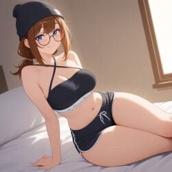 ai_generated beanie blue_eyes brown_hair glasses ponytail shorts small_breasts sports_bra thighs