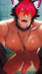 1boy abs animal_ears balls big_pecs completely_nude griffiththewhite komano_manato male male_focus male_only muscular muscular_male necklace nipples nude nude_male open_mouth pecs penis solo solo_focus solo_male zenless_zone_zero