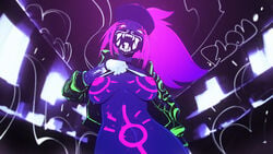 1girls absurd_res akali alternate_costume big_breasts blacklight breasts female female_focus female_only flashing flou k/da_akali k/da_series large_breasts league_of_legends looking_at_viewer looking_down mask navel neon nipples riot_games solo solo_focus