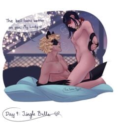 1boy 1girls abs adrien_agreste arms_behind_back arms_tied arms_tied_behind_back bell bell_collar blonde_hair blue_hair blush bondage bound_arms breasts cat_noir collar cowgirl_position female happy_sex long_hair male marinette_cheng marinette_dupain-cheng miraculous_ladybug naked nipples pale-skinned_female pale-skinned_male pale_skin panting public_sex sex straddling straight thefalsevyper trembling