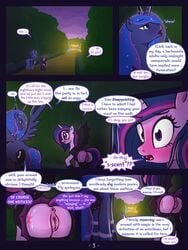 2019 alicorn animal_genitalia animal_penis anus balls blush clothed clothing comic costume dialogue duo english_text equid equine_penis erection feathered_wings feathers female feral friendship_is_magic halloween hi_res holidays horn horsecock mammal my_little_pony night open_mouth outside page_3 penis pony princess_luna_(mlp) pussy rule_63 syoee_b text twilight_sparkle_(mlp) wings