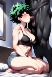 1boy 1boy1girl 1girls abs ai_generated blowjob blowjob_face blush boku_no_hero_academia bra breasts cock cock_worship dark-skinned_male dark_skin deku female female_deku izuku_midoriya jokeramamiya kneeling large_breasts male muscular muscular_male my_hero_academia rule_63 sucking thick_ass thick_thighs thighs