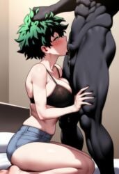 1boy 1boy1girl 1girls abs ai_generated blowjob blowjob_face blush boku_no_hero_academia bra cock cock_worship dark-skinned_male dark_skin deku drooling female female_deku gag izuku_midoriya jokeramamiya kneeling large_breasts male muscular muscular_male my_hero_academia sucking thick_ass thick_thighs thighs