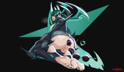2d anal_beads anal_juice ass bottomless breasts breasts_out feet female female_humiliation female_only foot_fetish green_nails hela hela_(marvel_rivals) lipstick looking_at_viewer looking_back marvel marvel_rivals mohoshadream nail_polish on_knees painted_toenails pussy soles solo solo_female stirrup_legwear toenail_polish toes