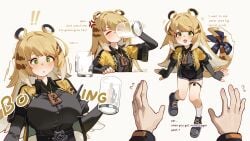 1girls anger_vein big_breasts blonde_hair blush breast_expansion breasts dialogue drinking_milk english_text eyebrows_visible_through_hair female female_focus green_eyes ju_fufu ju_fufu_(zenless_zone_zero) milk open_mouth shorter_female surprised tiger_ears tiger_girl wise_(zenless_zone_zero) zenless_zone_zero