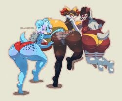 2017 anthro anthrofied ass big_ass big_breasts black_hair blue_hair bottomwear bra braixen breasts brown_hair camel_toe canid canine clothing curvy_figure digital_media_(artwork) eyewear fan_character female footwear fur generation_1_pokemon generation_6_pokemon generation_7_pokemon glasses green_eyes grey_bra grey_clothing grey_panties grey_underwear group hand_on_ass lapras legwear looking_at_ass looking_back lycanroc mammal marissa_(aj_the_flygon) marley_(aj_the_flygon) midnight_lycanroc multicolored_hair nintendo orange-peel panties pattern_bottomwear pattern_clothing pattern_panties pattern_underwear pink_hair pokemon pokemon_(species) pokemorph print_clothing print_panties print_underwear purple_hair rear_view red_body red_bra red_clothing red_eyes red_fur red_panties red_underwear seductive shirt signature simple_background socks stick striped_clothing striped_underwear stripes tail tongue tongue_out topwear two_tone_hair underwear undressing velene_(aj_the_flygon) voluptuous wide_hips yellow_body yellow_clothing yellow_fur yellow_panties yellow_underwear