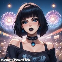 ai_generated artist_name bangs bare_shoulders black_hair black_lips black_shirt blue_eyes blunt_bangs blush bob_cut breasts choker cleavage collar collarbone crowd earrings eyeshadow female fireworks goth goth_girl gothic hexagram hi_res high_resolution jewelry lily_(vexnflex) lipstick looking_at_viewer makeup mascara medium_breasts night off-shoulder_shirt off_shoulder outdoors parted_lips pentagram shirt short_hair sky solo_focus spiked_collar spikes star_(symbol) studded_collar upper_body vexnflex watermark