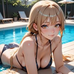 1girls ai_generated amber_eyes bangs bikini bikini_bottom bikini_top black_swimwear blonde_hair blush cleavage female light-skinned_female looking_at_viewer original_character pool solo solo_female water