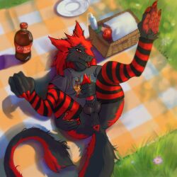 anus blurred_background bukmar clothing fur furry genitals grey_body grey_fur hi_res legwear male maslina masturbation pawpads paws penis presenting presenting_anus red_anus red_body red_clothing red_eyes red_fur red_legwear red_penis red_tongue sergal shaded shirt solo t-shirt thigh_highs tongue topwear