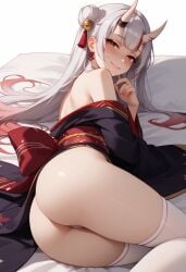 ai ai_generated ass ass_focus ass_view big_ass flirting hexd hololive horns laying_on_side multicolored_hair nakiri_ayame oni red_hair round_ass thick_thighs thighs