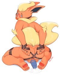 1boy 2025 absurd_res anthro anthro_only ass ball_gag belt bodily_fluids bondage bound chastity_device cum cum_puddle eeveelution feet flareon gag generation_1_pokemon genital_fluids hi_res male male_flareon male_only malvyper nintendo orgasm_face pawpads pokemon pokemon_(species) simple_background solo solo_anthro solo_male white_background
