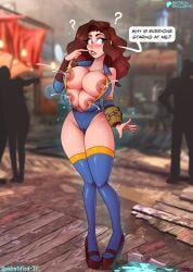4_breasts blue_eyes blush brown_hair fallout fallout_4 high_heels lactation lactation_without_expressing multi_breast revealing_clothes slutty_costume sole_survivor sole_survivor_(female) unidentified-tf vault_girl vault_suit