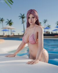 1girls alluring bare_legs big_breasts bikini cleavage dead_or_alive dead_or_alive_xtreme_venus_vacation elise_(doa) female pin_up pink_hair sage3d swimming_pool teal_eyes tecmo