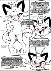 black_and_white claws comic comic_page comic_panel fangs female_focus feral feral_female feral_on_human meowth pokemon pokemon_(species) pokephilia public_humiliation red_eyes taunting_viewer teasing_viewer text yttriumi2f zoophilia