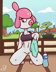 1girls abs bodily_fluids bottomless clothed clothing female humanoid kneeling krackdown9 medicham nintendo pokémon_(species) pokemon pokemon_rse pussy shirt solo sweat tank_top topwear video_games water_bottle