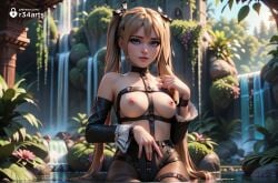 1girls ai_generated artist_name bare_shoulders black_ribbon blonde_hair blue_eyes breasts choker collarbone day dead_or_alive dead_or_alive_5 dead_or_alive_5_last_round dead_or_alive_6 detached_sleeves female flower hair_ornament hair_ribbon hi_res leotard lips long_hair looking_at_viewer marie_rose medium_breasts nipples nose o-ring outdoors parted_lips plant r34arts ribbon sitting small_breasts solo twintails very_long_hair water waterfall x_hair_ornament