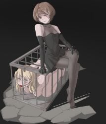 2girls ball_gag black_dress bondage cage collar female femdom fragumento_(artist) gag gagged slave tearing_up tears yuri