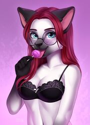 2019 anthro bare_shoulders bra breasts bust_portrait candy cleavage clothed clothing credow dessert domestic_cat eyewear felid feline felis female food fur glasses hair hi_resvportrait lingerie lollipop looking_at_viewer mammal multicolored_body multicolored_fur naomi_d'ambrosio red_hair siamese solo two_tone_body two_tone_fur underwear