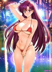 1girls alluring arm_behind_head arm_up artist_name bare_arms bare_shoulders big_breasts bikini bishoujo_senshi_sailor_moon blush cleavage closed_mouth collarbone commentary_request covered_erect_nipples high_res highleg highleg_bikini lips long_hair looking_at_viewer navel oyaman photo_background pin_up purple_eyes purple_hair red_bikini rei_hino sailor_mars shiny_clothes shiny_skin smile stomach swimming_pool swimsuit