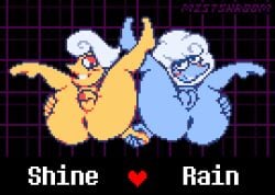 1female 1male blue_body blue_skin canon_couple celestial_humanoid cloud_humanoid couple couple_(romantic) darkner deltarune deltarune_chapter_3 elnina elnina_(deltarune) flaccid_penis game hand_holding holding_hands humanoid humanoid_genitalia lanino_(deltarune) legs_up mistshroom pixel_art pixelated pixelated_penis pixelated_vagina toby_fox vagina video_games