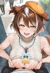 1boy 1girls ai_generated breasts breasts_out brown_hair collie_woolchaser cum cum_between_breasts cum_on_clothes dog_ears dog_girl dog_tail female hat huge_breasts large_penis male multicolored_hair nipples paizuri paizuri_under_clothes pov public public_nudity public_paizuri public_sex short_hair smile straight sweat sweater sweater_lift virtual_youtuber yellow_eyes