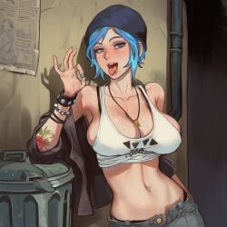 ai_generated alley breasts chloe_price cleavage dm4freeairequests fellatio huge_breasts life_is_strange midriff navel trash_can