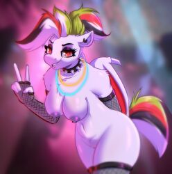 absurd_res anthro armwear bat_pony choker clothing equid fan_character female fishnet_armwear fishnet_clothing fishnet_legwear genitals hair hasbro hi_res hoofwork_new_wave_(oc) jewelry legwear looking_at_viewer mammal membrane_(anatomy) membranous_wings multicolored_hair my_little_pony necklace pussy red_eyes simple_background smile smirk solo source_request wings witchtaunter