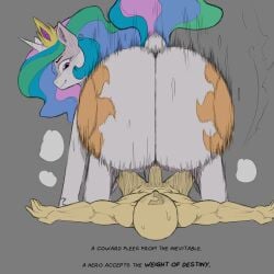 ambiguous ass back big blush bodily character cold-blooded-twilight colorshun dialogue duo english_text equid equine erection eyebrows faceless female feral fluids friendship_is_magic fur genitals hasbro hi horse huge human lines looking lying male male/female mammal motion my_little_pony nude on penetration penile penis pony princess_celestia_(mlp) rear res sex smile sweat tail1:1 view