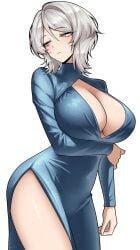 1girls big_breasts blue_dress blue_eyes boob_window breasts clothed_female faust_(limbus_company) female grey_hair light-skinned_female limbus_company project_moon silver_hair solo solo_female thighs vvernerluniq white_background white_hair