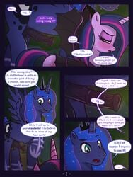 2019 5_panel_comic alicorn animal_genitalia animal_penis balls blush clothed clothing comic costume dialogue duo english_dialogue english_text equid equine_penis erection feathered_wings feathers female feral friendship_is_magic furaffinity halloween hi_res holidays horn horsecock mammal my_little_pony night open_mouth outside page_2 penis pony princess_luna_(mlp) rule_63 syoee_b talking_to_another text twilight_sparkle_(mlp) wings