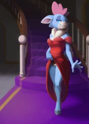 2019 5_fingers :3 ajin anthro blue_eyes capreoline cervid clothed clothing clothing_lift dress dress_lift female fingers half-closed_eyes hi_res hooves mammal narrowed_eyes pussy reindeer smile solo stairs them's_fightin'_herds velvet_reindeer_(tfh)