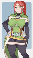 1girls alternate_costume big_breasts braid braided_ponytail cassie_(paladins) elbow_gloves female gloves green_eyes long_hair northern_watch_cassie paladins ponytail red_hair solo splashbrush thick_thighs