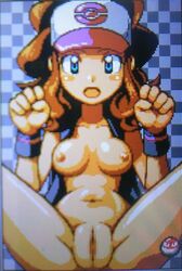 1girls blue_eyes blush breasts brown_hair censored clenched_hand female female_focus female_only hair hat hilda_(pokemon) human legs looking_at_viewer nintendo nipples nude picture_in_picture pixel_art pokemon pokemon_bw pussy vagina